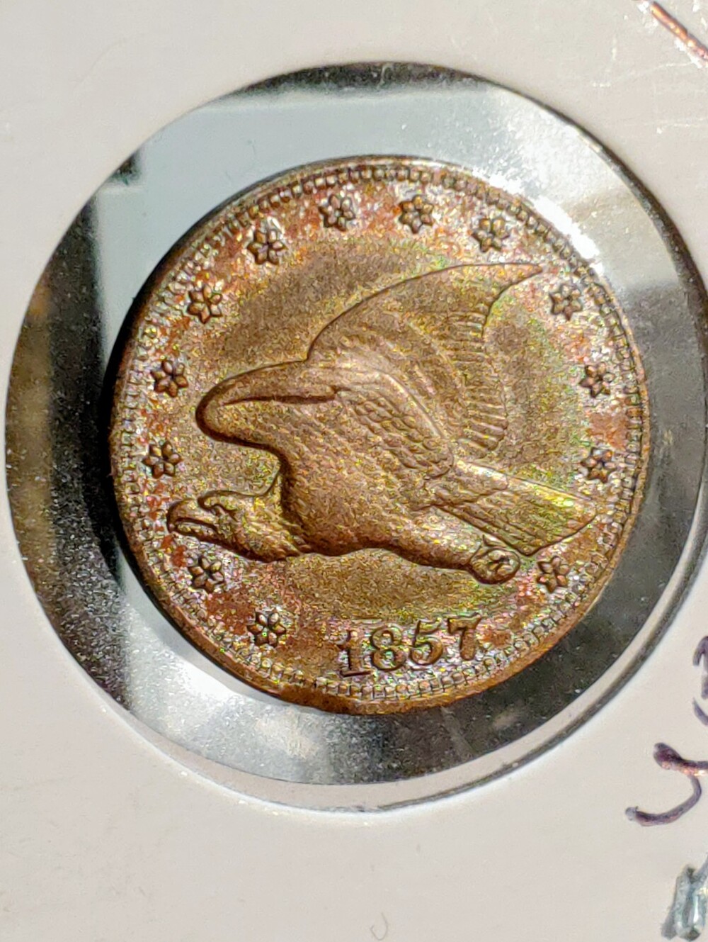 US Uncirculated 1857 Flying Eagle Coin - Multitone Copper Patina